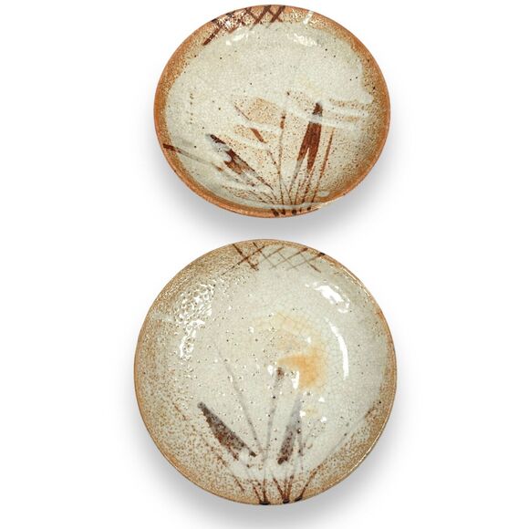 Vintage Japanese Shino Pottery Plates 8.5" White Orange Scorch Glazed Set of 2 - Picture 1 of 11